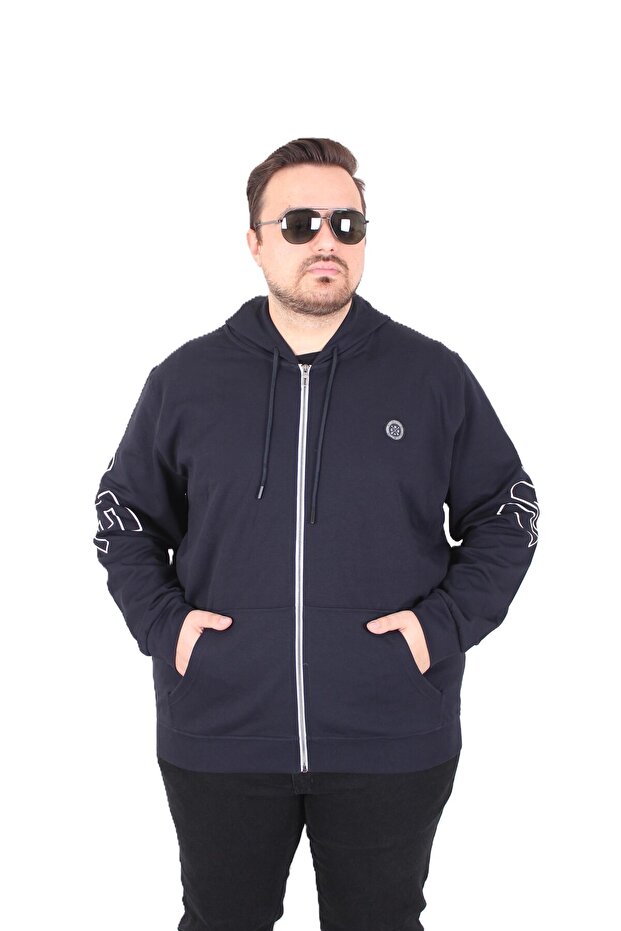 Large Size Hooded Zippered Sweat Double Face Ossi 25705 Dark Blue