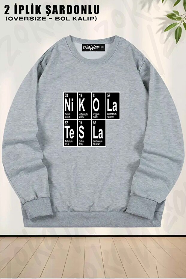 Unisex Periodic Table Scientist Nikola Tesla Printed Oversized Crew Neck Sweatshirt