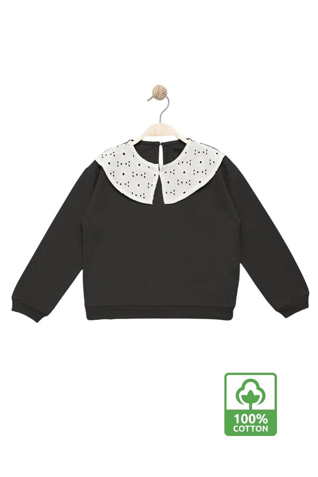 Girl's Embroidered Collar 100% Cotton Sweatshirt - Children's Sweatshirt with Ornamental Embroidered Collar