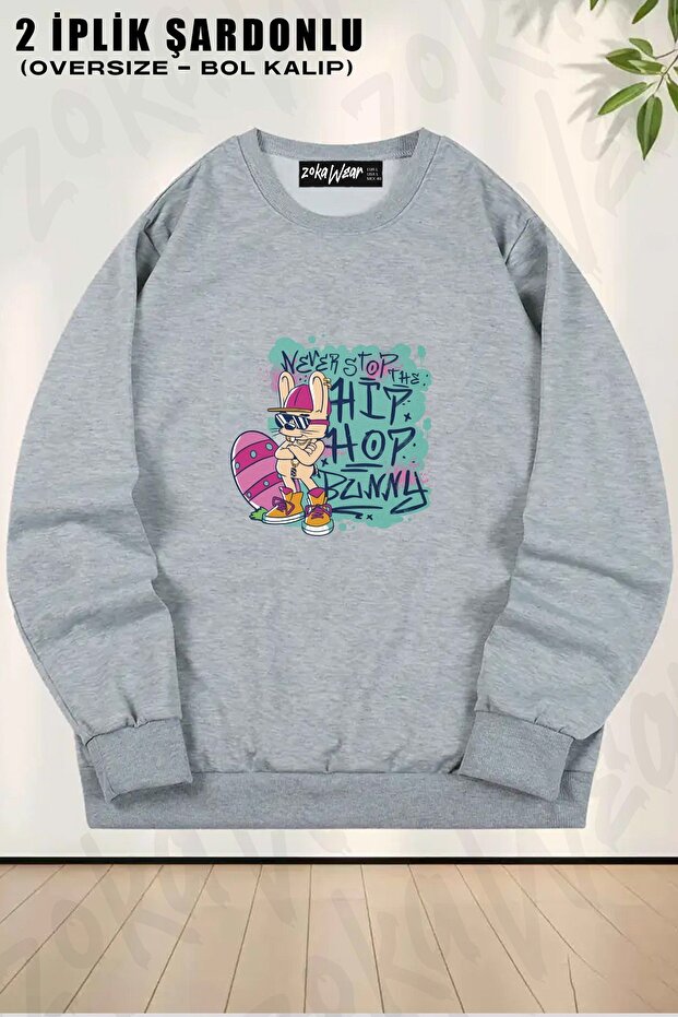 Unisex Hip Hop Dance Rap Cute Rabbit Printed Oversized Crew Neck Sweatshirt