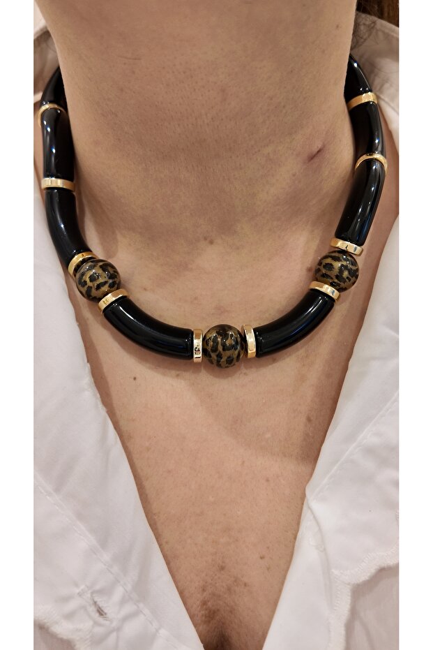 Bone Leopard Patterned Women's Necklace with Gold Detail