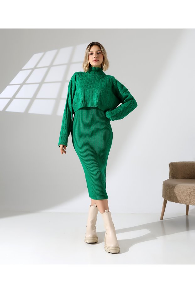 Women's Long Dress with Inner Straps Crop Set Knitwear Set Address of Elegance