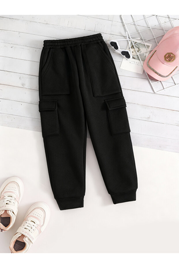 بنطال رياضي أسود سادة مع جيوب - 1