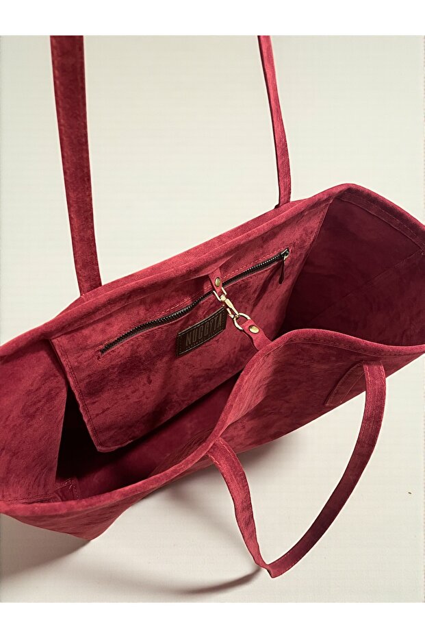 Basic Double-Sided Split Suede Oversized Shoulder Bag - Burgundy - 2