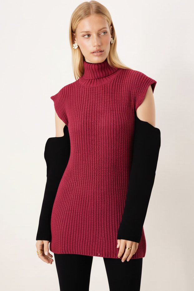 Women's Fuchsia Turtleneck Sleeves Low-Cut Knitwear Sweater Arm-26K136015