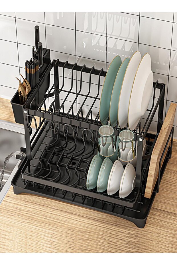 رف تجفيف أطباق كبير، منظم مطبخ من الفولاذ المقاوم للصدأ ذو طبقتين - 3