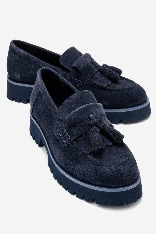 Poen Navy Blue Suede Genuine Leather Tasseled Women's Loafer Shoes