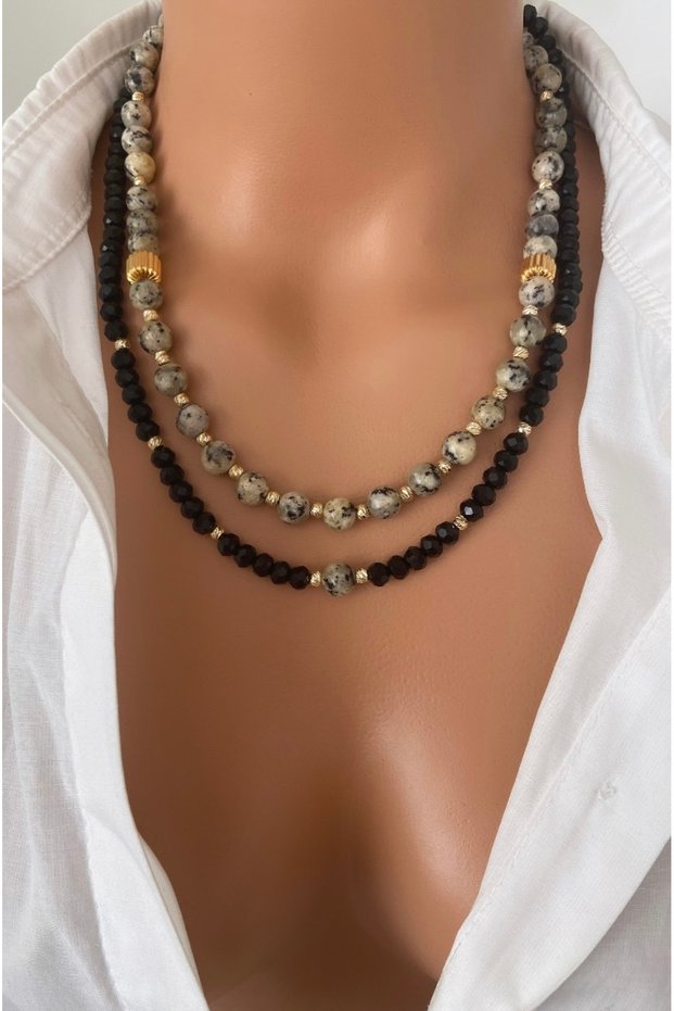 (2 Necklaces) Dalmatian Varied Quartz Czech Crystal Special Design Double Necklace Set, Allergy-Free, in Special Gift Box
