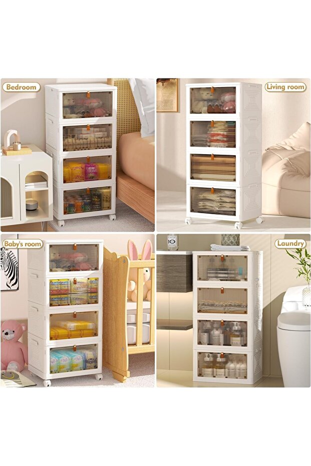 صناديق تخزين بلاستيكية بأربع طبقات مع أغطية، قابلة للتكديس والطي، مع عجلات - 6