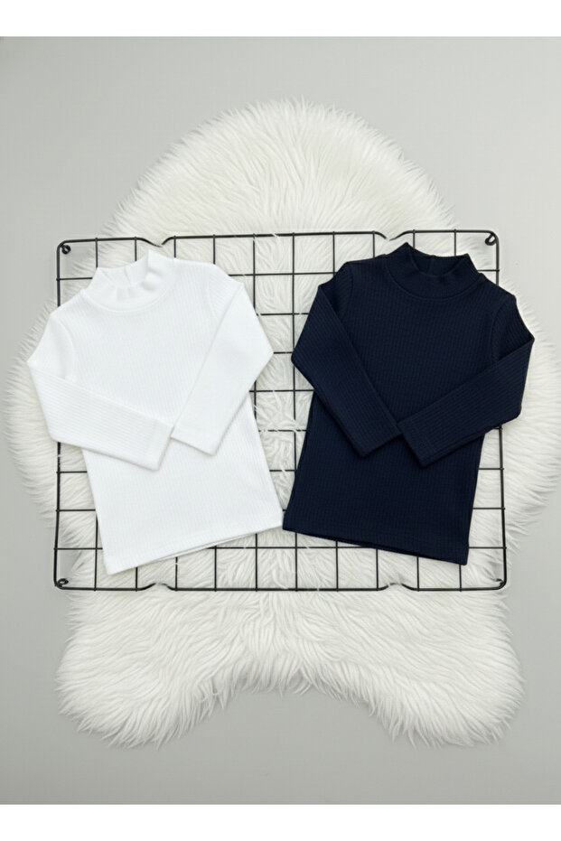 Girls and Boys 2-Pack White Navy Blue Corded Fabric Half Turtleneck Long Sleeve Bodysuit Undershirt
