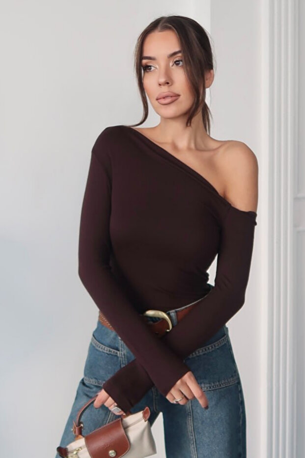 Women's Brown One Shoulder Boat Neck Soft Textured Bodysuit