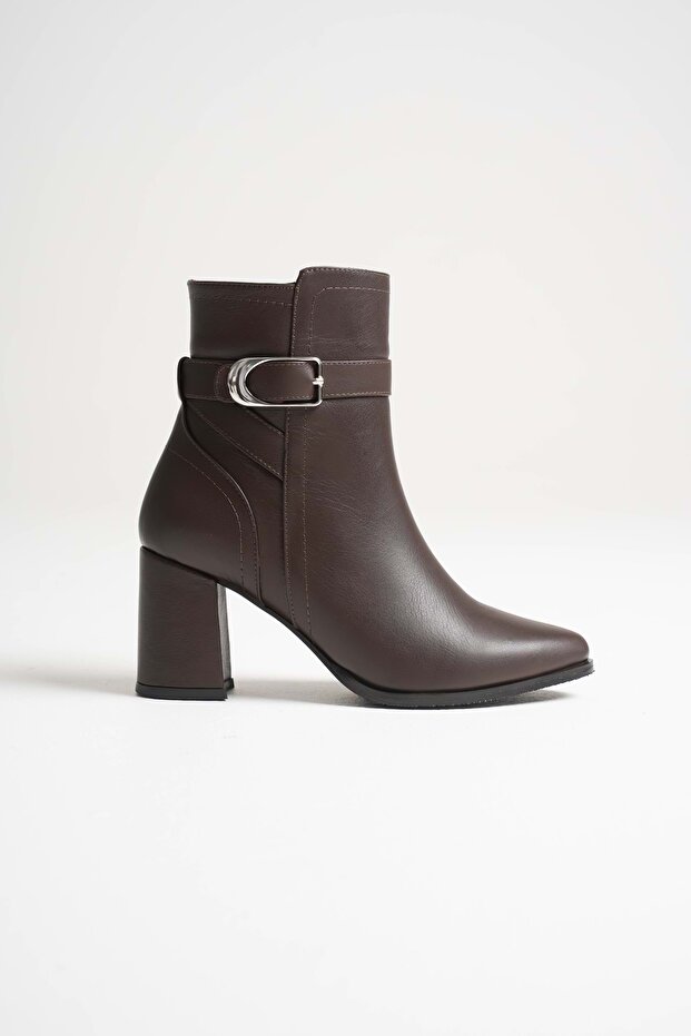Women's genuine leather buckle heeled boots - coffee