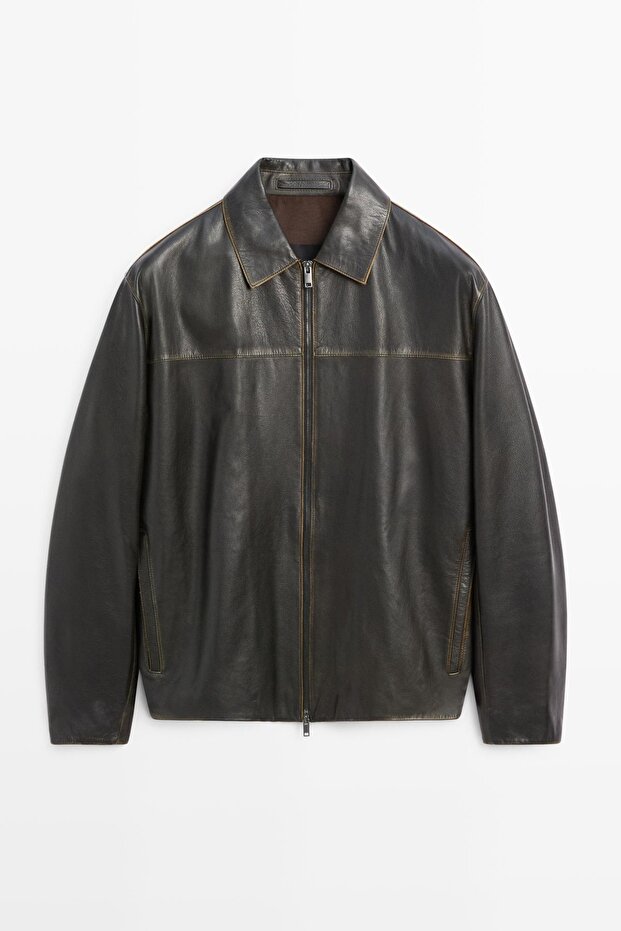 Distressed görünümlü deri ceket - 5