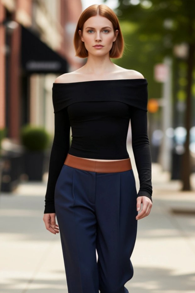 Women's Carmen Collar Fitted Viscose Ribbed Blouse with Low Sleeve Detail Casual for Daily Use Gray Color