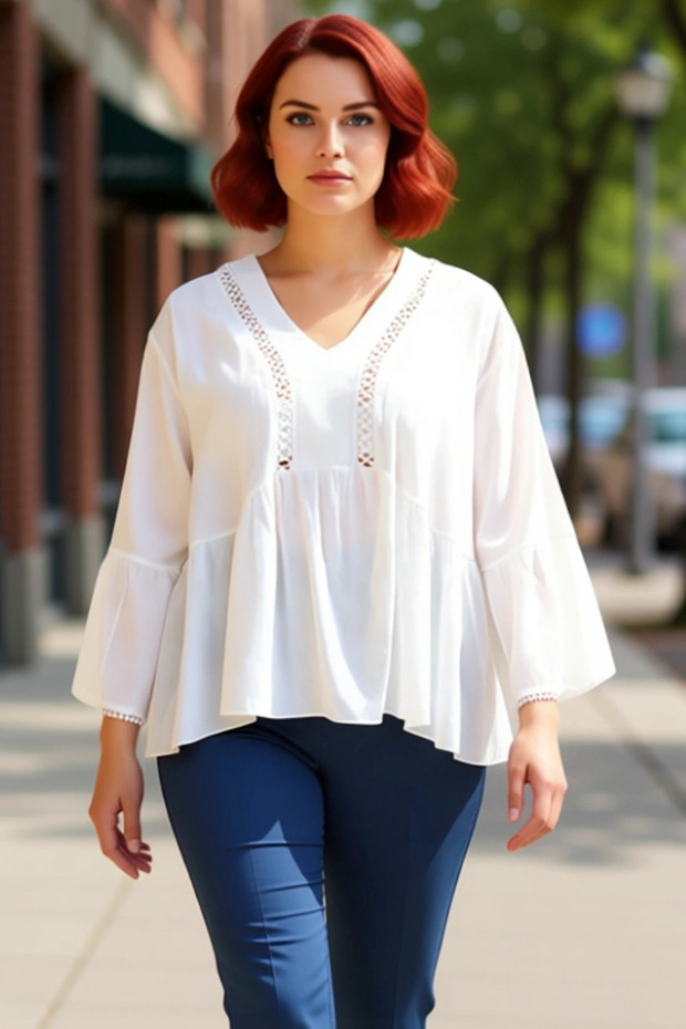 Women's V-Neck Long Sleeve Peplum Woven Blouse Relaxed Fit and Stylish Details Quality Stylish Comfortable Modern