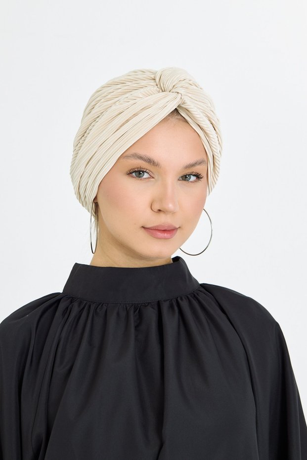 Beige Crossed Gathered Hijab Bonnet Fukuro Pleated 2512_12