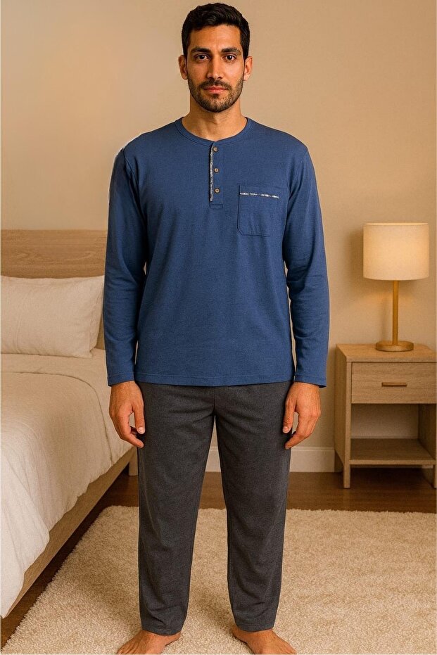 28301 Men's 4 Seasons Comfortable Cotton Single Jersey Fabric Long Sleeve Pajama Set