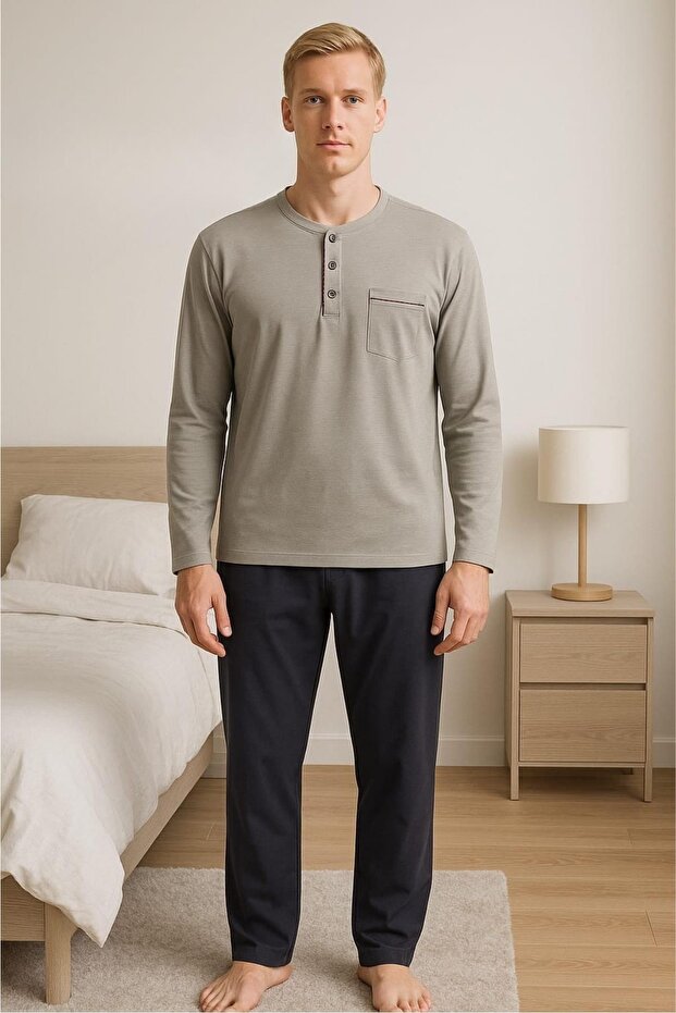 28301 Men's 4 Seasons Comfortable Cotton Single Jersey Fabric Long Sleeve Pajama Set
