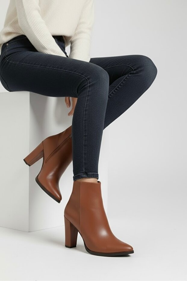 Non-Slip Sole Tan Color Faux Leather Thick Heeled Boots (9 cm)