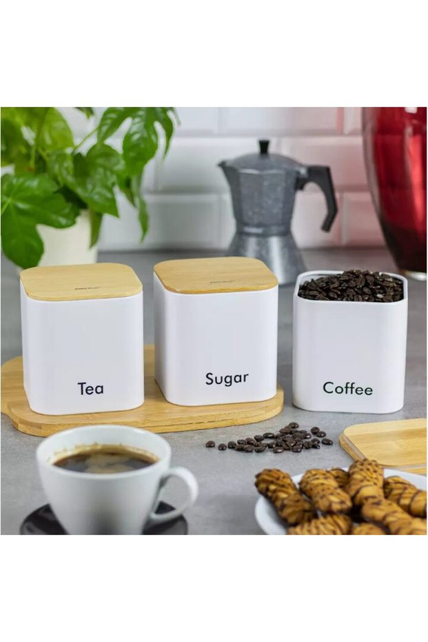 Kitchen container set 3 white elements, stainless steel-bamboo,