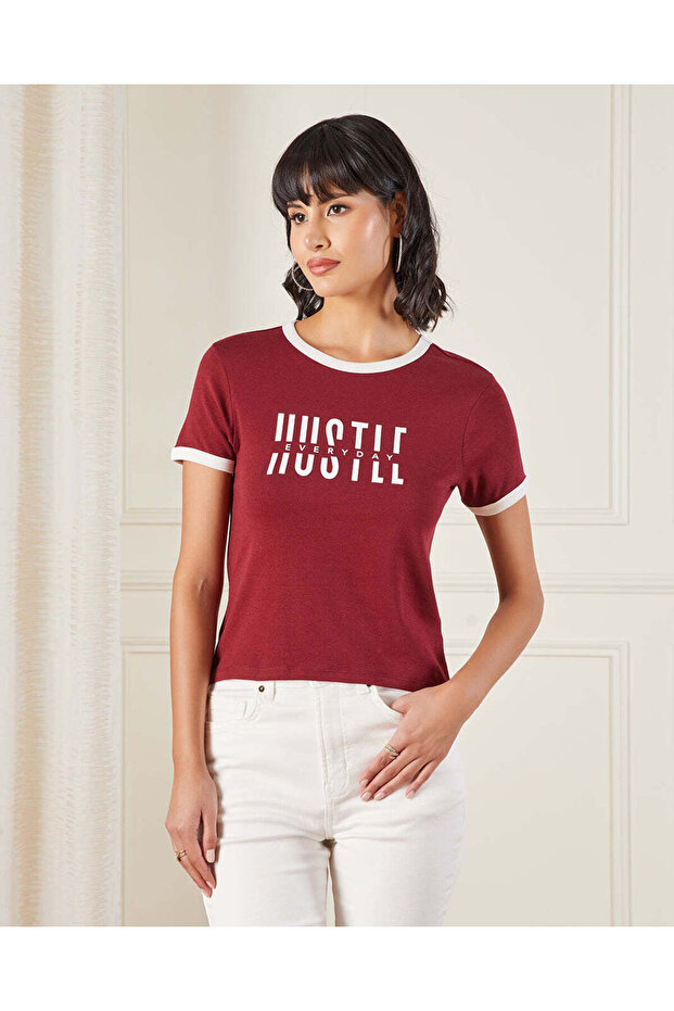 Women Burgundy Printed T-shirt