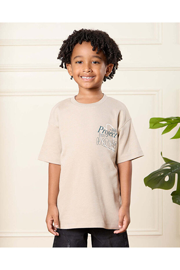 Boys Beige Printed T-Shirt