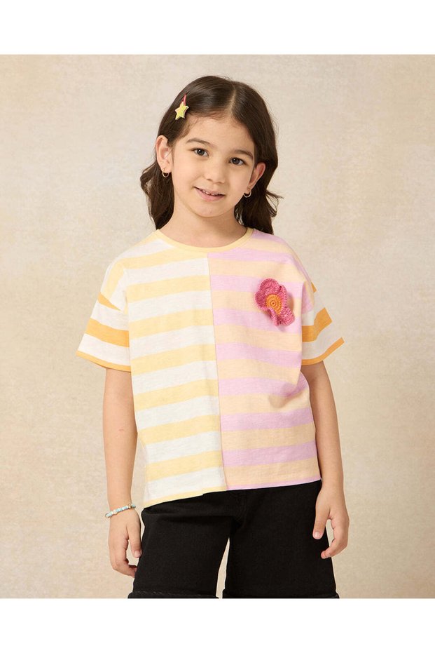 Girls Yellow And Pink Striped With Embellishment T-shirt