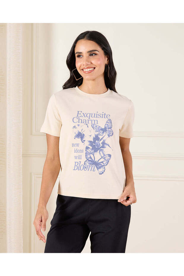 Women Printed Cream T-Shirt