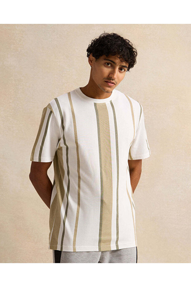Men Beige Striped T-Shirt