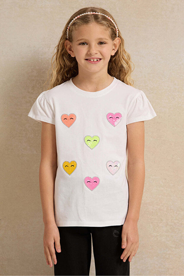 Girls Cream Smiley Patch Embellished T-Shirt