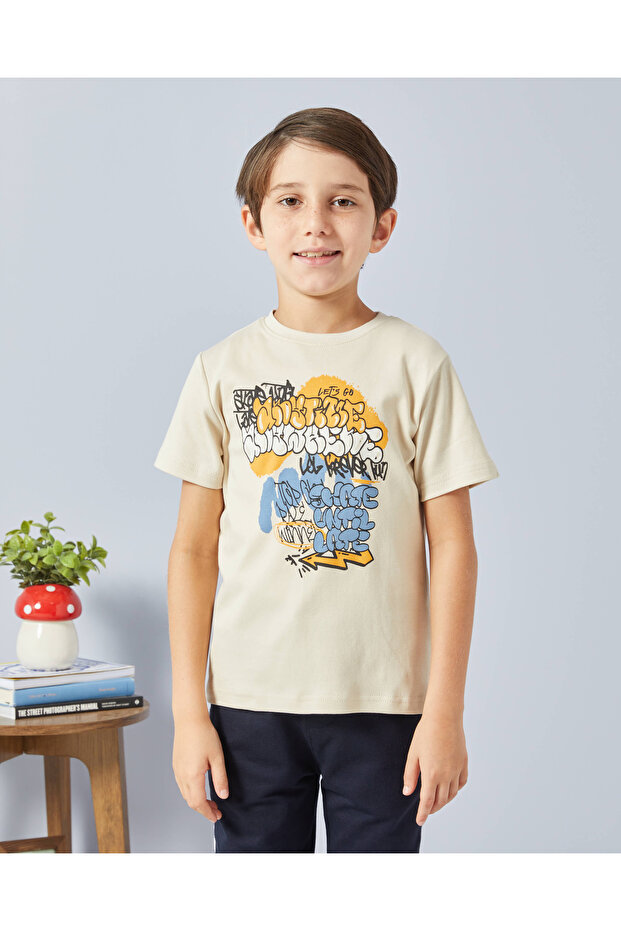 Boys Beige Printed T-Shirt