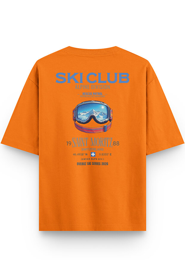 تي شيرت Ski Club Kayak Snowboard مطبوع Semi قصة فضفاضة باللون البرتقالي 1409