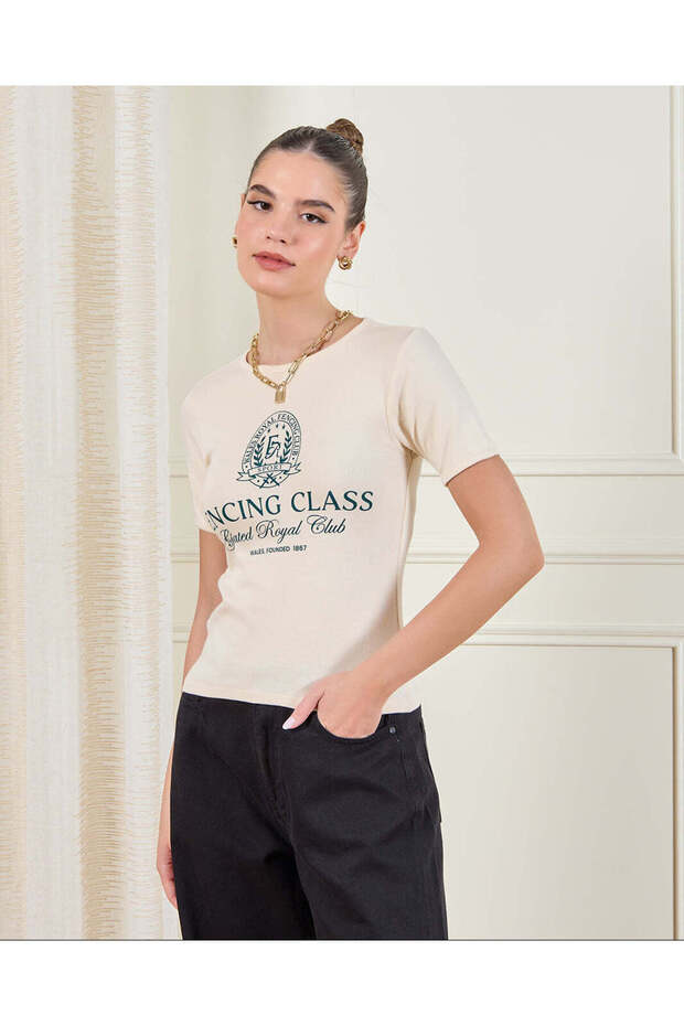 Women Beige Rib Printed T-Shirt