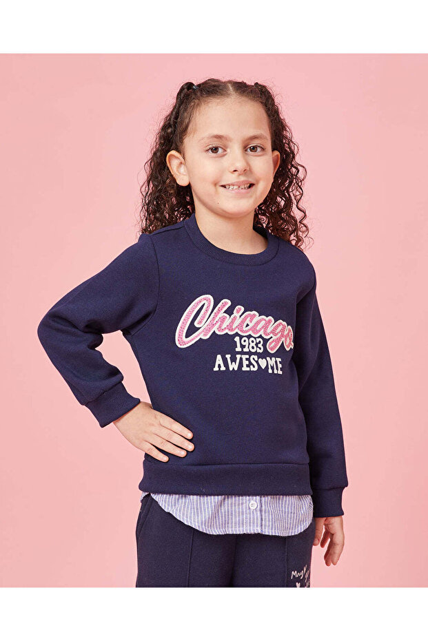 Girls Navy Printed Sweathsirt