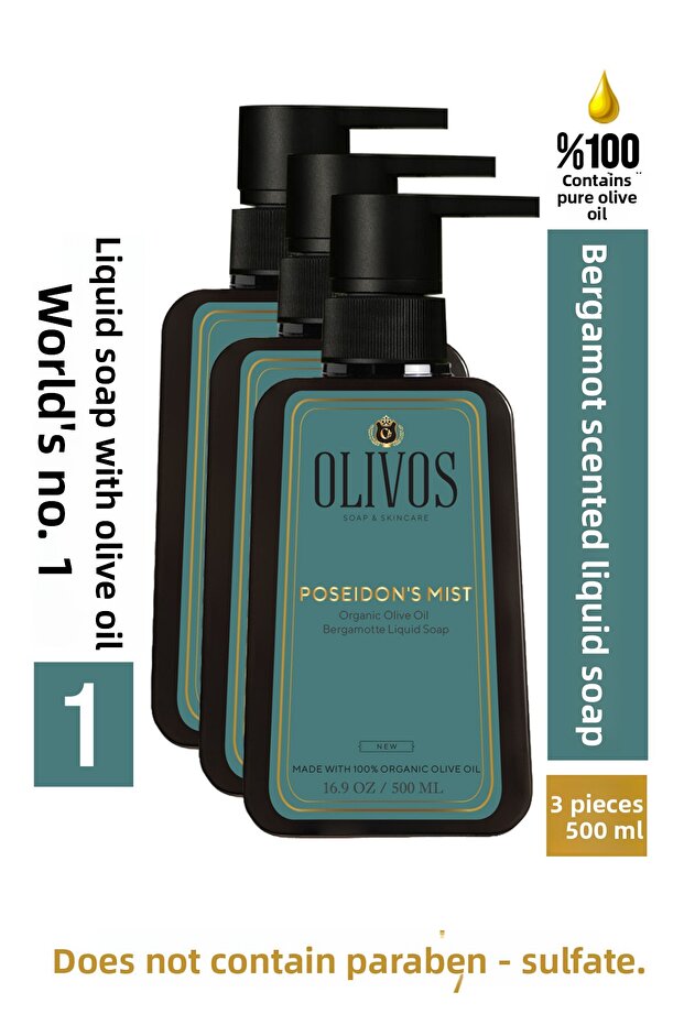 100% Natural Olive Oil Bergamot Scented Liquid Hand Soap Intensive Moisturizing Purifying Herbal 3X500 ml