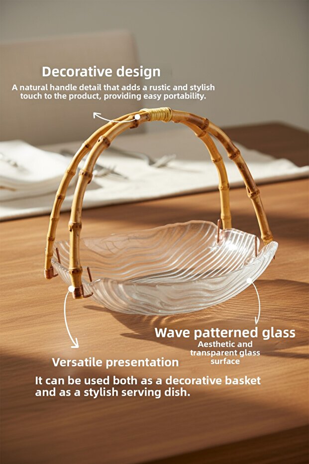 طبق تقديم مستطيل من الزجاج مع مقابض من الخيزران ونمط متموج - 1