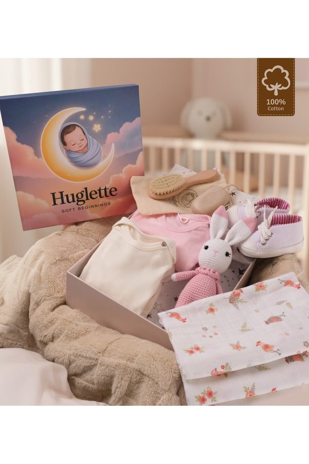 Luna - Newborn Baby Girl Gift Set – Muslin Blanket, Bodysuit Set, Amigurumi, Baby Shoes