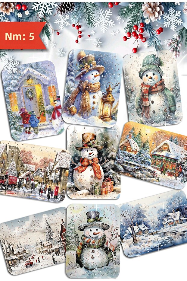 9-Piece Glittery New Year Postcard Set New Year Snowman Winter Scenery Nostalgia