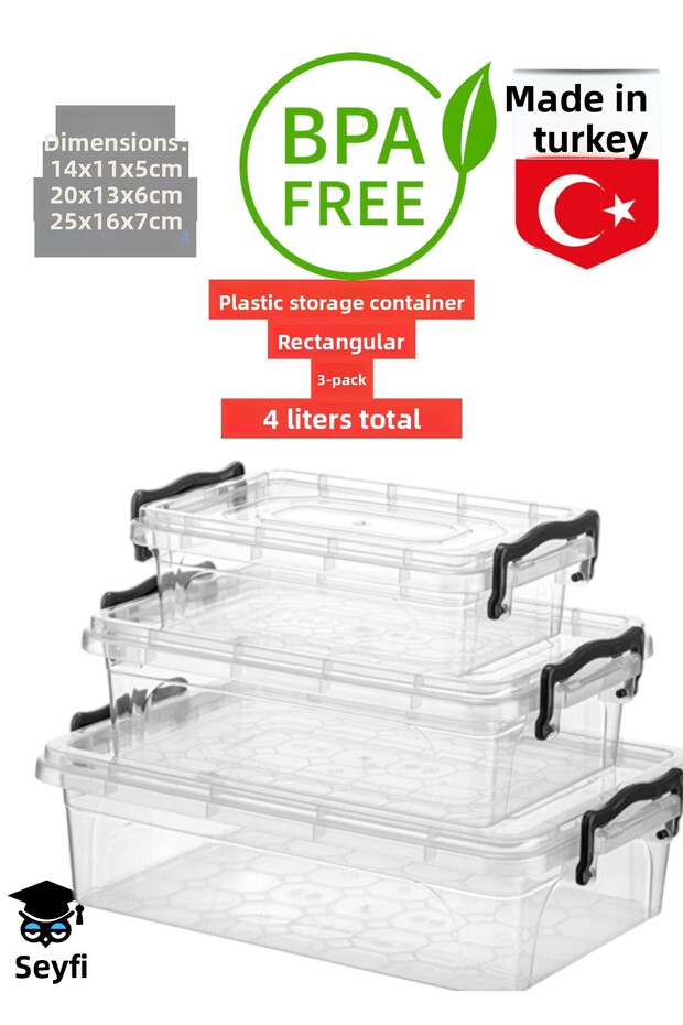 Plastic Storage Container Rectangular 3-Piece 4 Liters Total