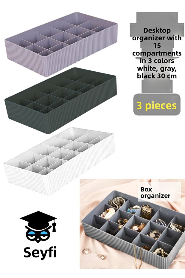 3 Pcs Desktop Organizer 15 Compartments 3 Colors White Gray Black 30 cm