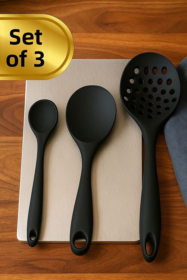 3-Piece Silicone Spoon Set – Ergonomic Handle, Slotted Ladle, Rice Spoon and Short Deep Spoon | Heat Resistant
