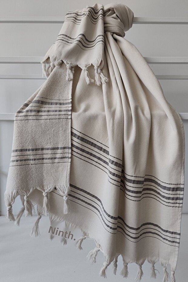 Stone Color Striped Cotton Towel Peshtemal - Soft and Highly Absorbent -90X170