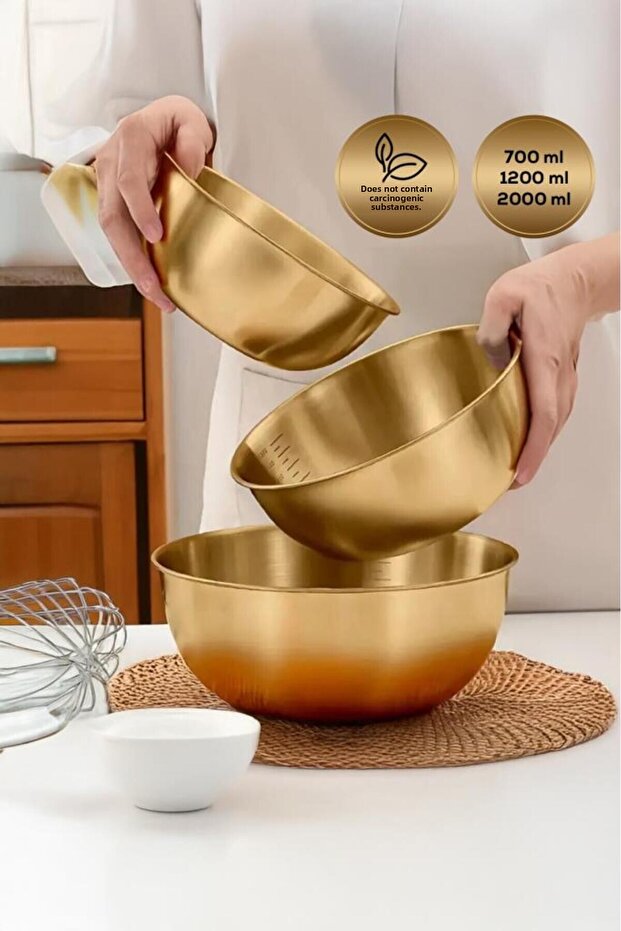 3-Piece Gold Stainless Steel Mixing and Salad Bowl Set