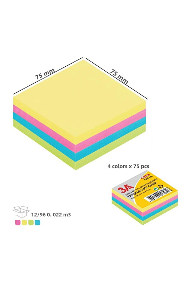Adhesive Note Paper Pastel Color 75X75 mm (4 Colors X 75 Pieces)