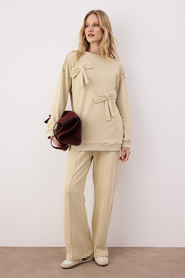Bej Oversize 3 iplik penye Düz Örme Tesettür Alt - Üst Takım TCTAW25US00119 - 1