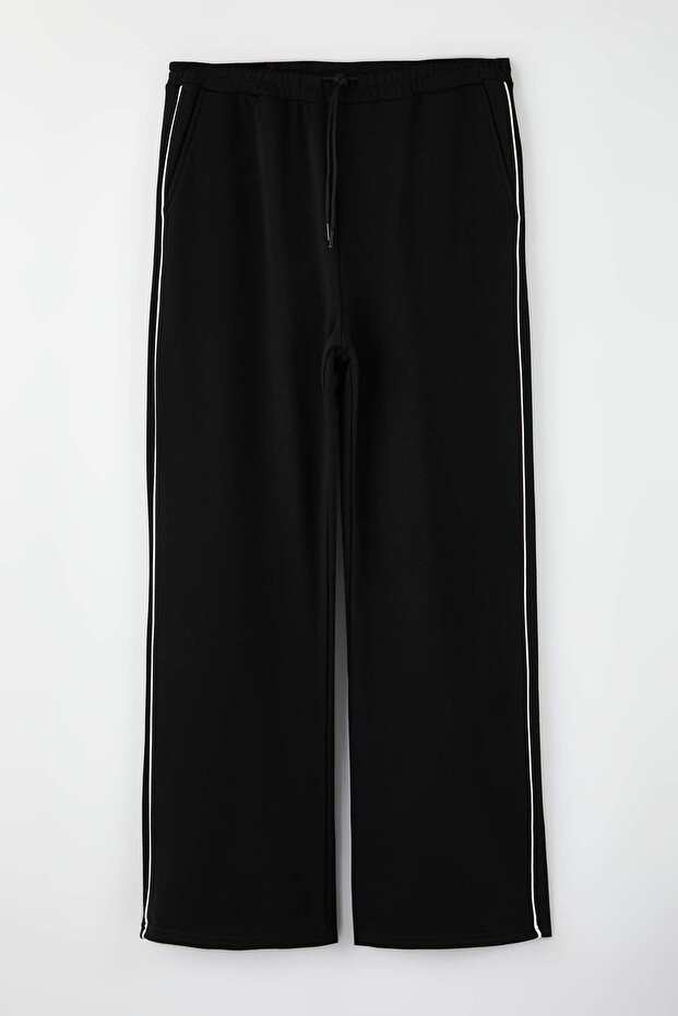 Siyah Kontrast Biye Detaylı Wide Leg/Geniş Paça Büyük Beden Eşofman Altı TBBAW26AJ00006 - 5
