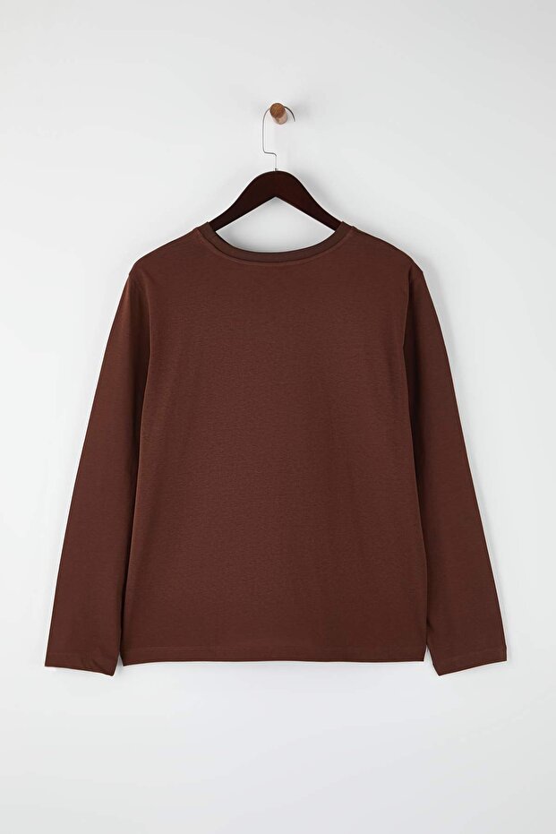 Kahverengi %100 Pamuk Uzun Kollu Bisiklet Yaka Regular Basic Örme Büyük Beden T-Shirt TBBAW26BF00000 - 7