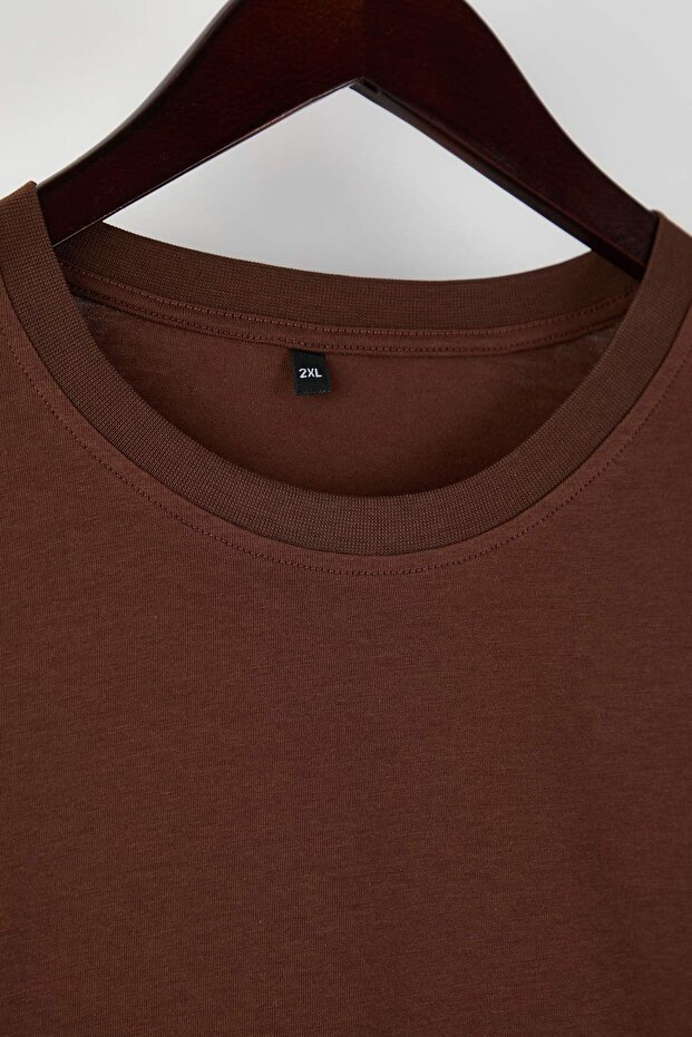 Kahverengi %100 Pamuk Uzun Kollu Bisiklet Yaka Regular Basic Örme Büyük Beden T-Shirt TBBAW26BF00000 - 6
