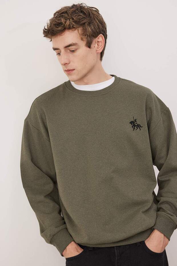 Haki Oversize/Geniş Kesim Uzun Kol At Nakışlı Sweatshirt TMNAW24SW00164 - 2