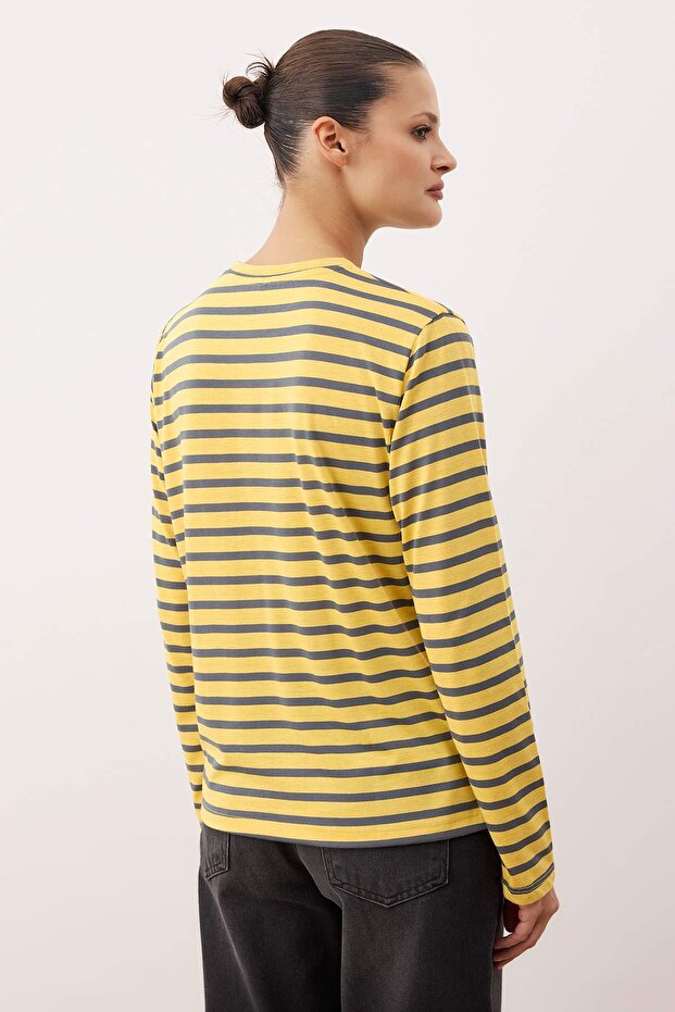 Açk Sarı-Antrasit Çizgili Regular/Normal Kalıp Basic Bisiklet Yaka Örme T-Shirt TWOAW23TS00002 - 4